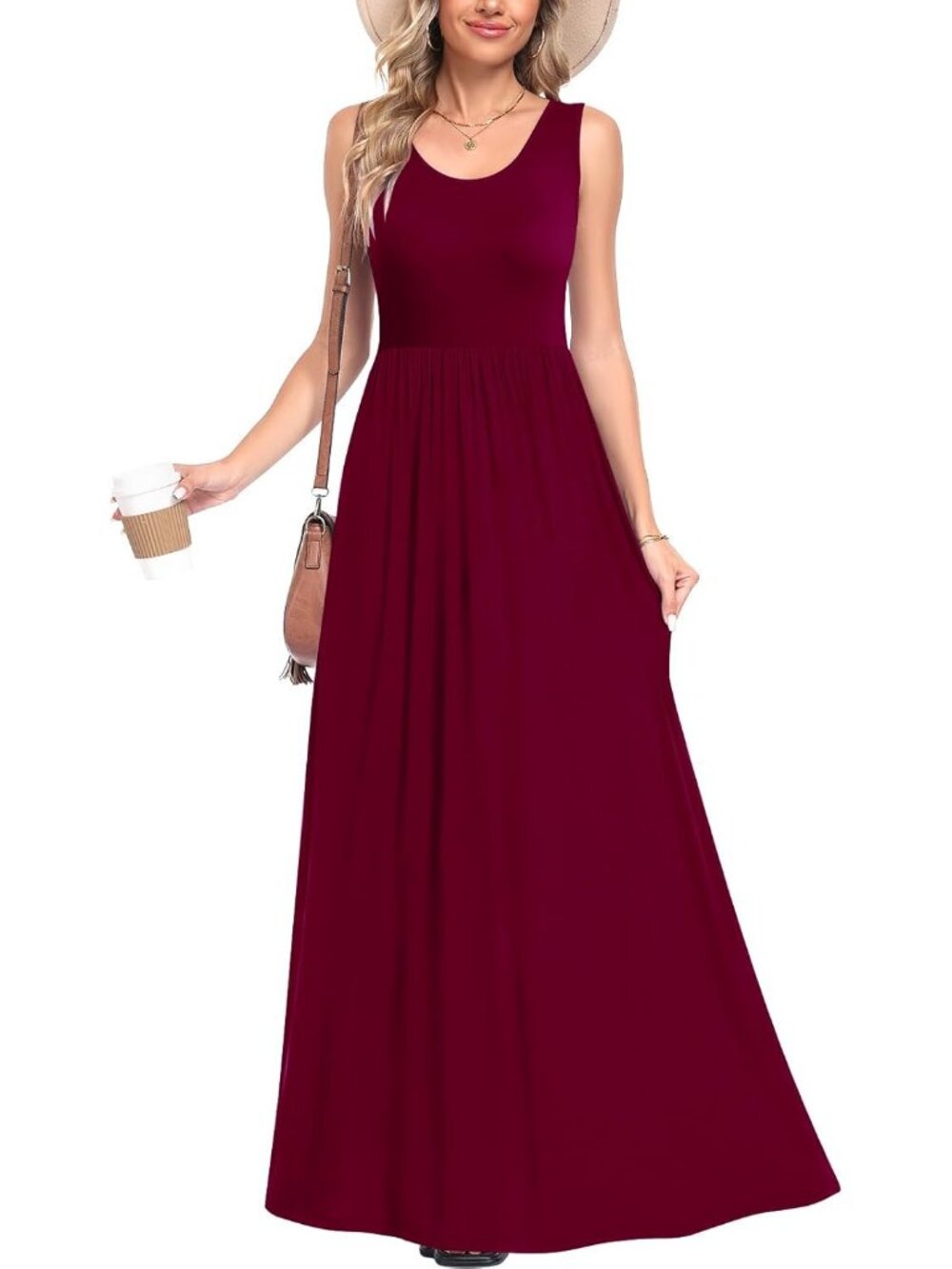 Women's Burgundy Redbud Flower Sleeveless Flowy Casual Beach Stylish Maxi Dress